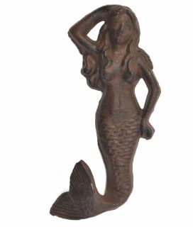 Mermaid Wall Hook - Rust Brown Cast Iron - 5.75" Tall