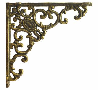 Decorative Wall Shelf Bracket - Ornate Curls - Gold Cast Iron - 7.75" Deep