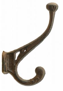 Decorative Victorian Ornate Double Wall Hook - Rust Brown Cast Iron - 6" Tall