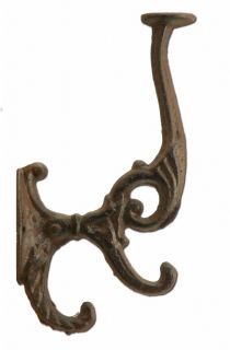 Decorative Victorian Ornate Triple Wall Hook - Rust Brown Cast Iron - 7" Tall
