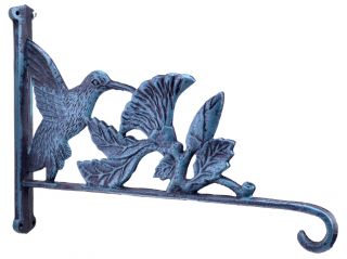 Hummingbird & Flowers Plant Hanger Hook Verdigris Cast Iron 12.5" Deep