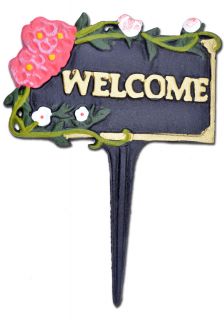 Welcome Garden Plaque Sign Pink & White Flowers Black Cast Iron 7" W