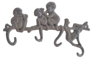 Cast Iron 4 Hook Wall Rack Monkeys On Branch - 10.25" Wide