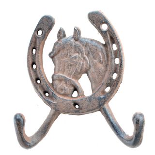 Horse Head In Horseshoe Western Double Wall Hook - Rust Brown Cast Iron - 5" Tall