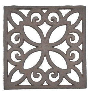 Decorative Square Brown Cast Iron Trivet Ornate Design 6.25" Wide