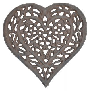 Decorative Cast Iron Trivet - Ornate Floral Heart - 6.5" Wide