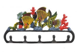 Cast Iron Wall Hook Rack Tropical Fish & Coral 11.125 Wide