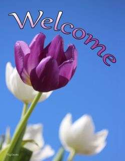 Flag Emotes - Double Sided Garden Flag - Purple & White Tulips Welcome