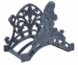 Garden Hose Holder - Gnome Holding Wheat - Verdigris Cast Iron - 10.25" Wide