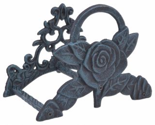 Garden Hose Holder - Rose Flower - Verdigris Cast Iron - 9.5" Wide