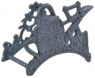 Garden Hose Holder - Snail Watering Can & Shovel - Verdigris Cast Iron - 9" Wide