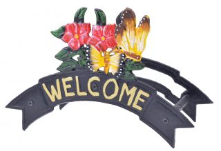Welcome Garden Hose Holder Butterflies & Flowers Black Cast Iron 12.38" W