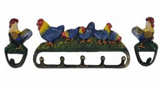 Rooster & Chickens Wall Hook 3 Piece Set - Colorful Painted Cast Iron
