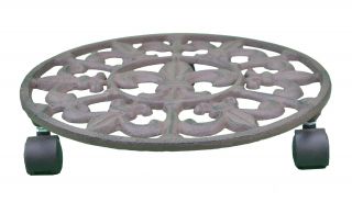 Fleur De Lis Rolling Planter Caddy - Brown Cast Iron - 11.25" Wide